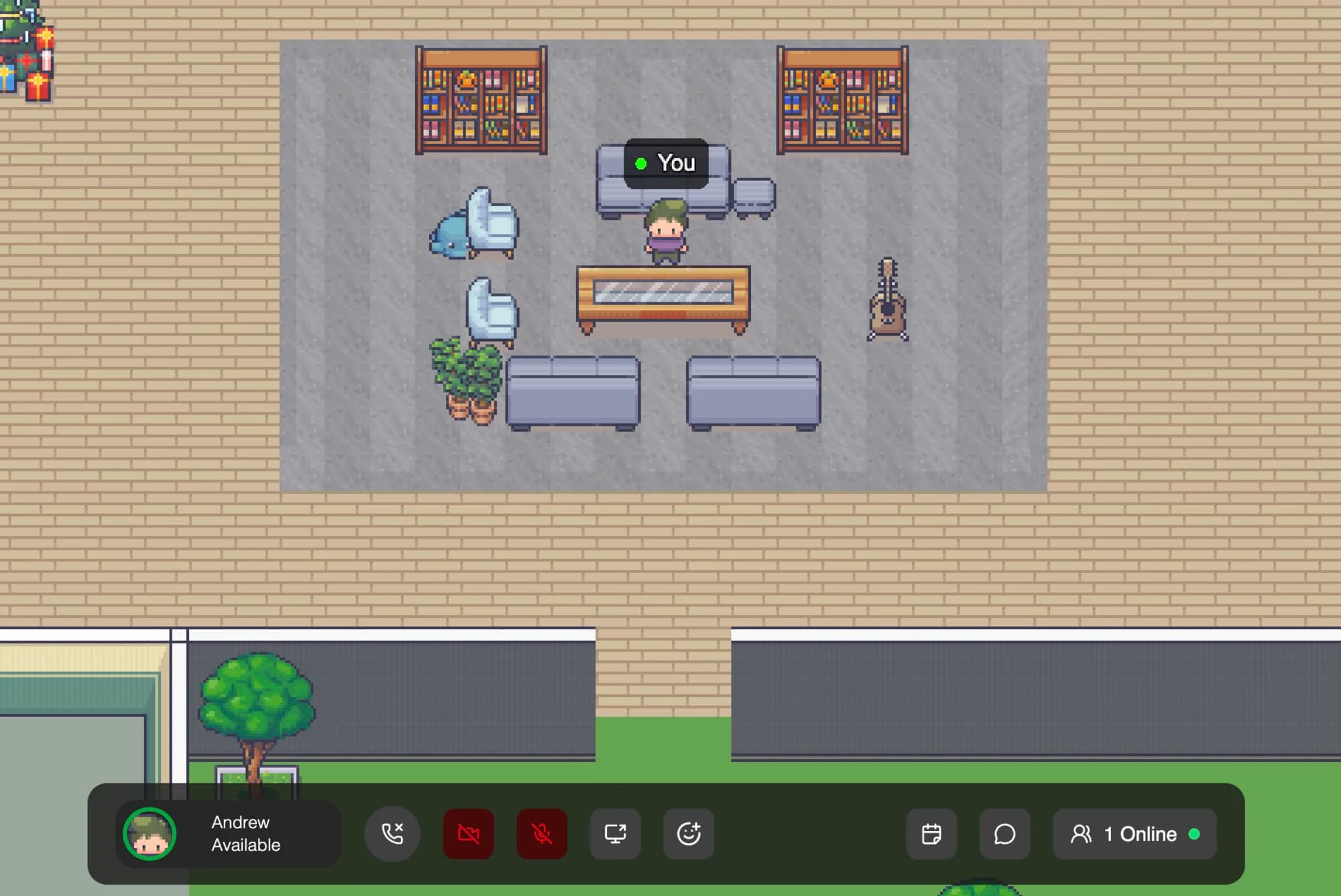 The WorkDash world: a top-down pixel lounge with bookshelves, couches and a player by the coffee table, and a control bar showing microphone, camera and who is online.